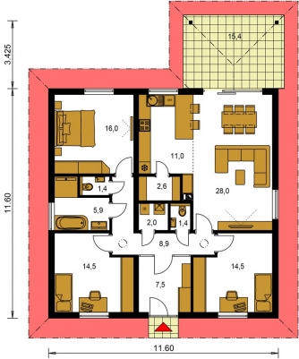 Spiegelverkehrter Entwurf | Grundriss des Erdgeschosses - BUNGALOW 208